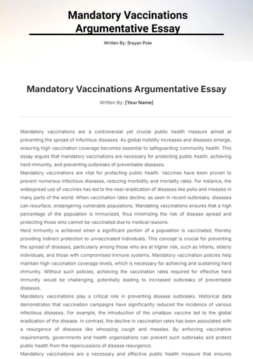 Free Mandatory Vaccinations Argumentative Essay Template to Edit Online
