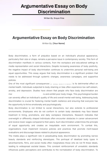 Free Argumentative Essay on Body Discrimination Template to Edit Online