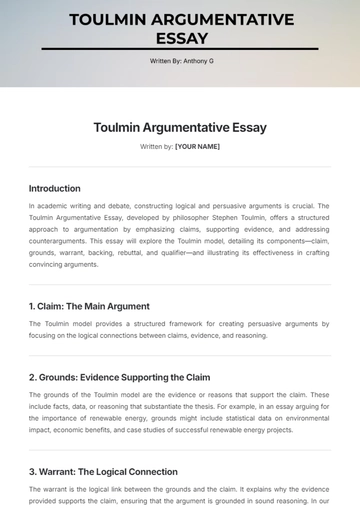 Free Toulmin Argumentative Essay Template to Edit Online