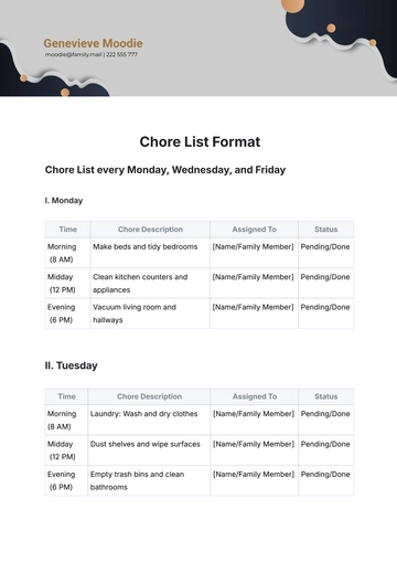 Free Chore List Format Template