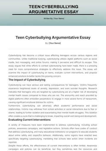 Free Teen Cyberbullying Argumentative Essay Template to Edit Online
