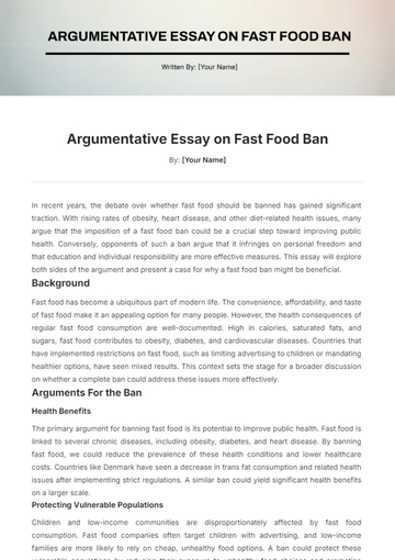 Free Argumentative Essay on Fast Food Ban Template to Edit Online