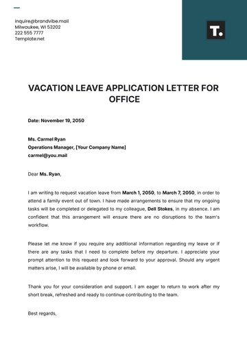 Free Vacation Leave Application Letter for Office Template to Edit Online