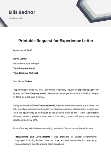 Free Printable Request for Experience Letter Template to Edit Online