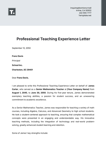 Free Professional Teaching Experience Letter Template to Edit Online
