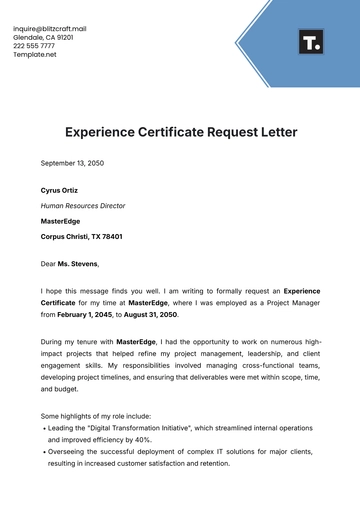 Free Experience Certificate Request Letter Template to Edit Online
