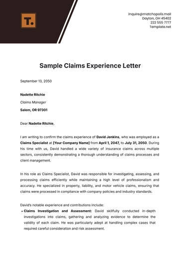 Free Sample Claims Experience Letter Template to Edit Online