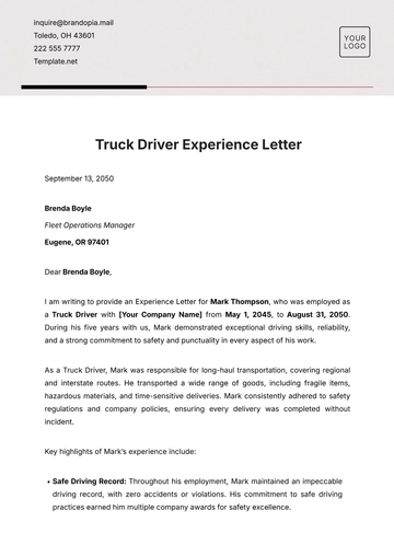 Free Truck Driver Experience Letter Template to Edit Online
