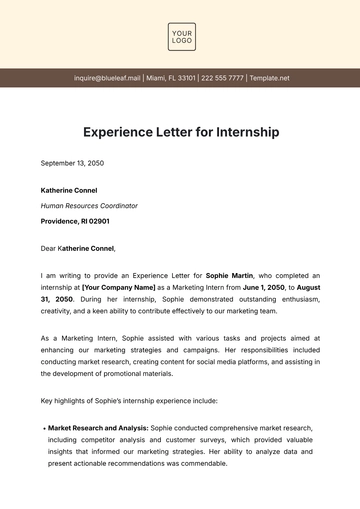 Free Experience Letter for Internship Template to Edit Online