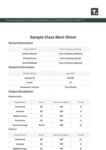 Free Sample Class Mark Sheet Template to Edit Online