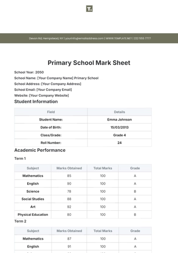 Free Primary School Mark Sheet Template to Edit Online
