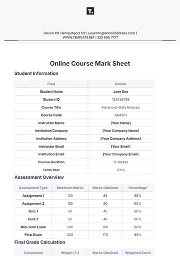 Free Online Course Mark Sheet Template to Edit Online