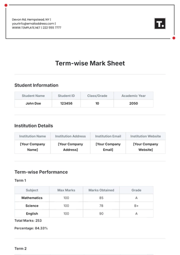 Free Term-wise Mark Sheet Template to Edit Online