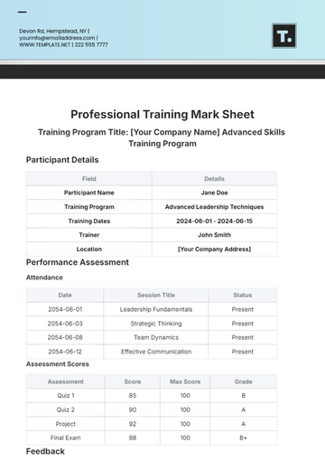 Free Professional Training Mark Sheet Template to Edit Online