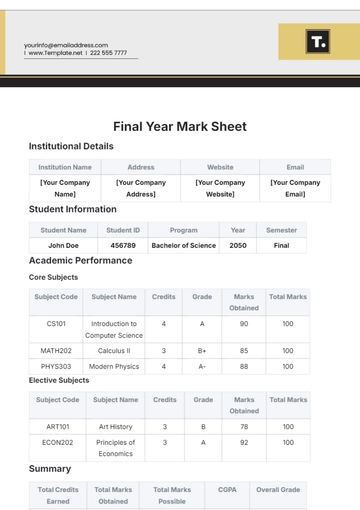 Free Final Year Mark Sheet Template to Edit Online