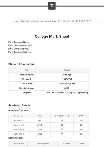 Free College Mark Sheet Template to Edit Online
