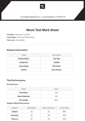 Free Mock Test Mark Sheet Template to Edit Online