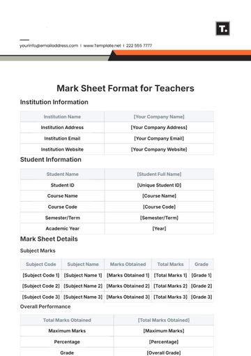 Free Mark Sheet Format for Teachers Template to Edit Online