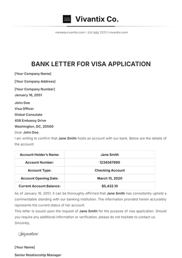 Free Bank Letter for Visa Application Template to Edit Online