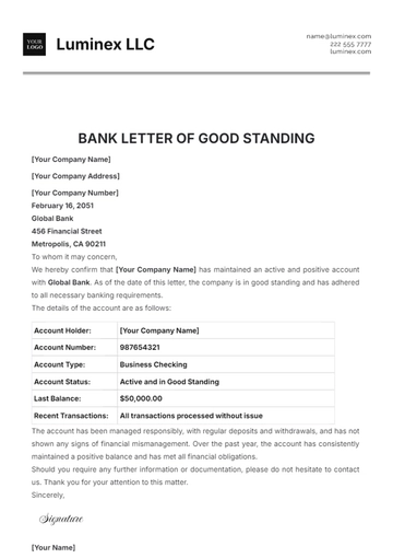 Free Bank Letter of Good Standing Template to Edit Online