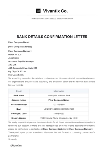 Free Bank Details Confirmation Letter Template to Edit Online