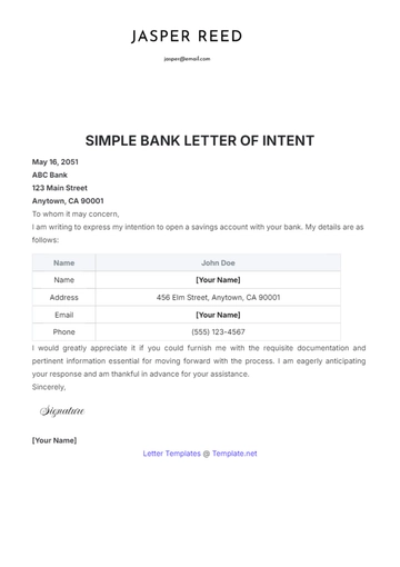 Free Simple Bank Letter of Intent Template to Edit Online