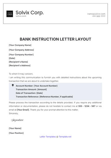Free Bank Instruction Letter Layout Template to Edit Online