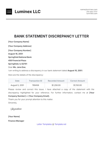 Free Bank Statement Discrepancy Letter Template to Edit Online