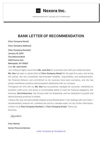 Free Bank Letter of Recommendation Template to Edit Online