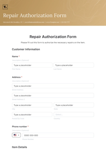 Free Repair Authorization Form Template to Edit Online