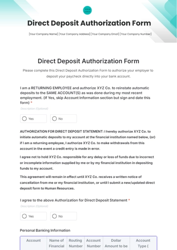 Free Direct Deposit Authorization Form Template to Edit Online