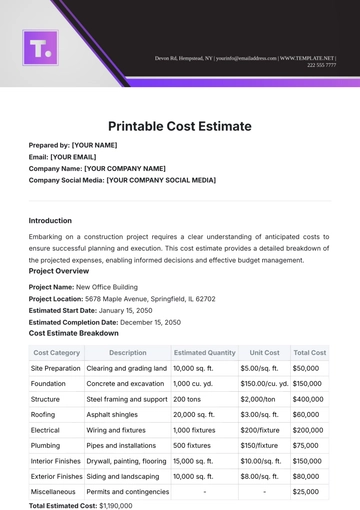 Free Printable Cost Estimate Template to Edit Online