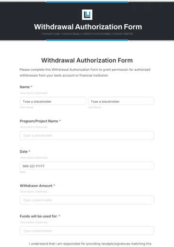 Free Withdrawal Authorization Form Template to Edit Online