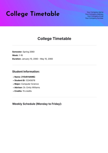 Free College Timetable Template to Edit Online | Template.net