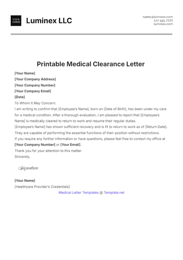 Free Printable Medical Clearance Letter Template to Edit Online
