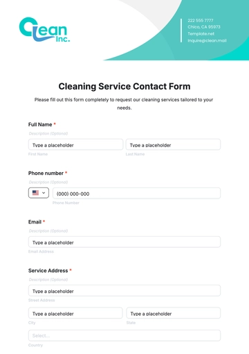 Free Cleaning Service Contact Form Template to Edit Online