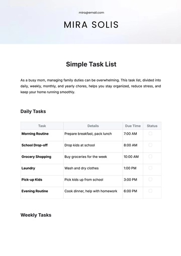 Free Simple Task List Template to Edit Online | Template.net
