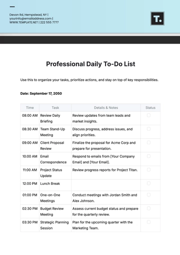 Free Professional Daily To Do List Template to Edit Online | Template.net