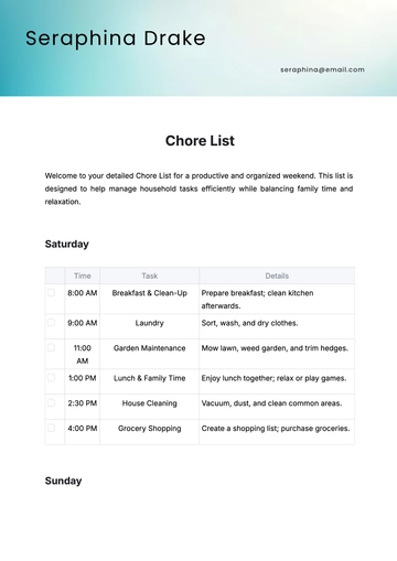 Free Chore List Template