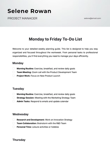 Free Monday To Friday To Do List Template to Edit Online | Template.net