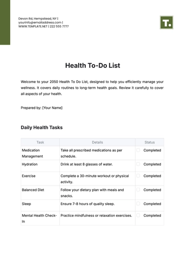 Free Health To Do List Template to Edit Online | Template.net
