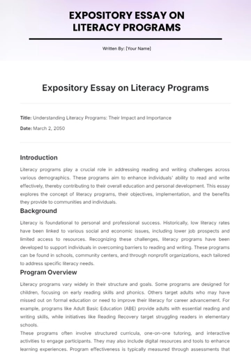 Free Expository Essay on Literacy Programs Template to Edit Online