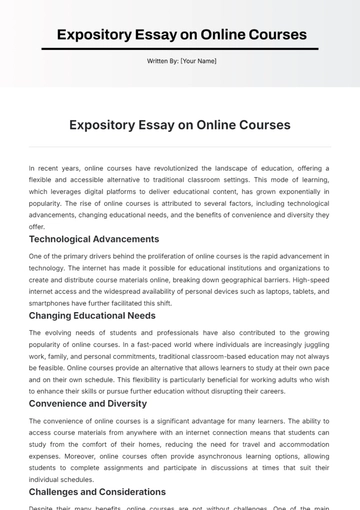 Free Expository Essay on Online Courses Template to Edit Online