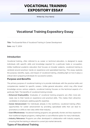 Free Vocational Training Expository Essay Template to Edit Online