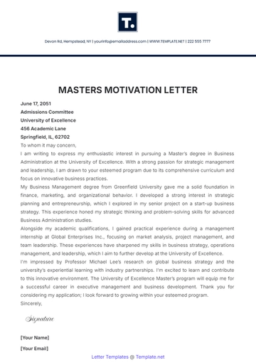 Free Masters Motivation Letter Template to Edit Online