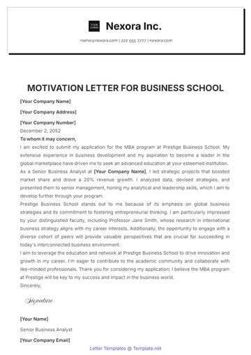 Free Motivation Letter for Business School Template to Edit Online