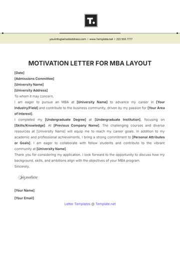 Free Motivation Letter for MBA Layout Template to Edit Online