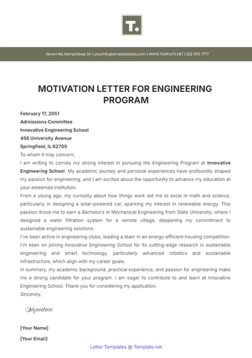 Free Motivation Letter for Engineering Program Template to Edit Online