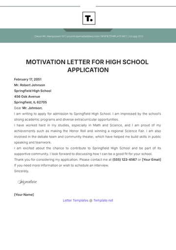 Free Motivation Letter for High School Application Template to Edit Online