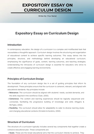 Free Expository Essay on Curriculum Design Template to Edit Online
